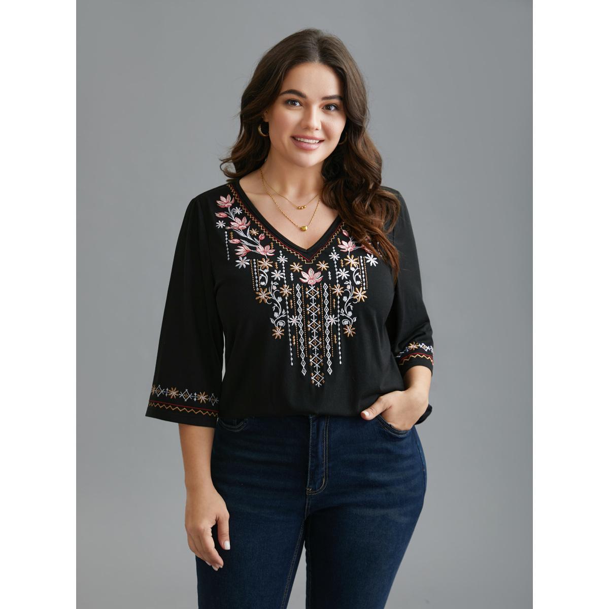Plus Size Floral Embroidered V-Neck T-shirt Black Women Elegant Embroidered Natural Flowers V-neck Everyday T-shirts BloomChic 18-20/2X Product Image