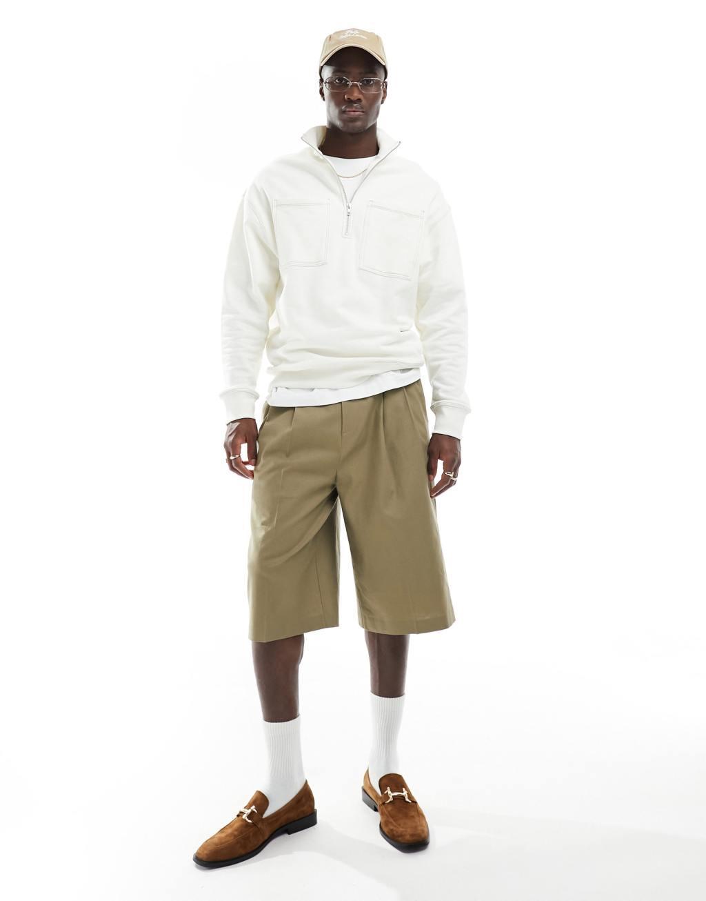 ASOS DESIGN oversized half zip funnel neck sweatshirt with contrast stitch in soft white Product Image