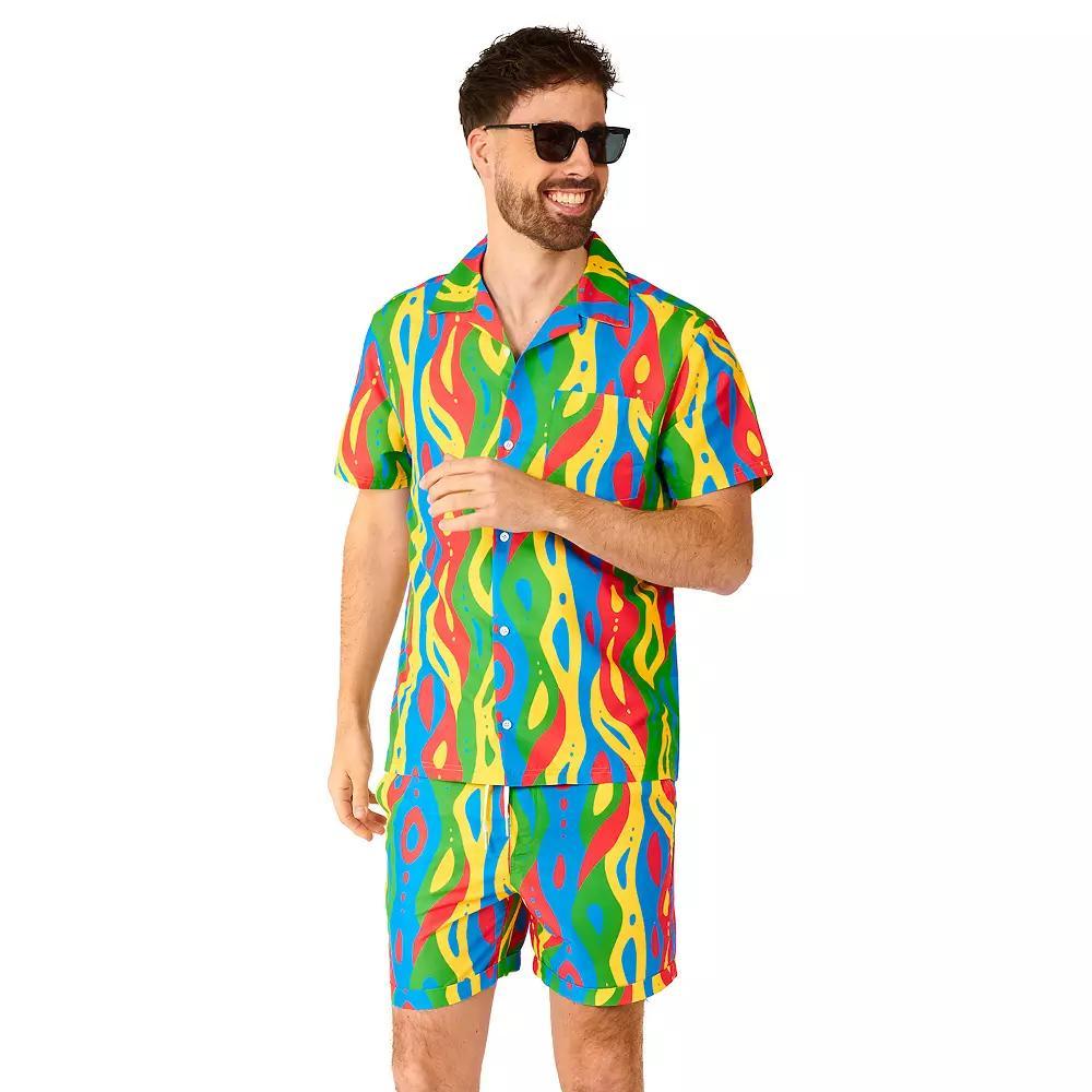 Men's OppoSuits Loopy Lines Print Short Sleeve Button Down Shirt & Shorts Set, Boy's, Size: Large, Green Blue Product Image