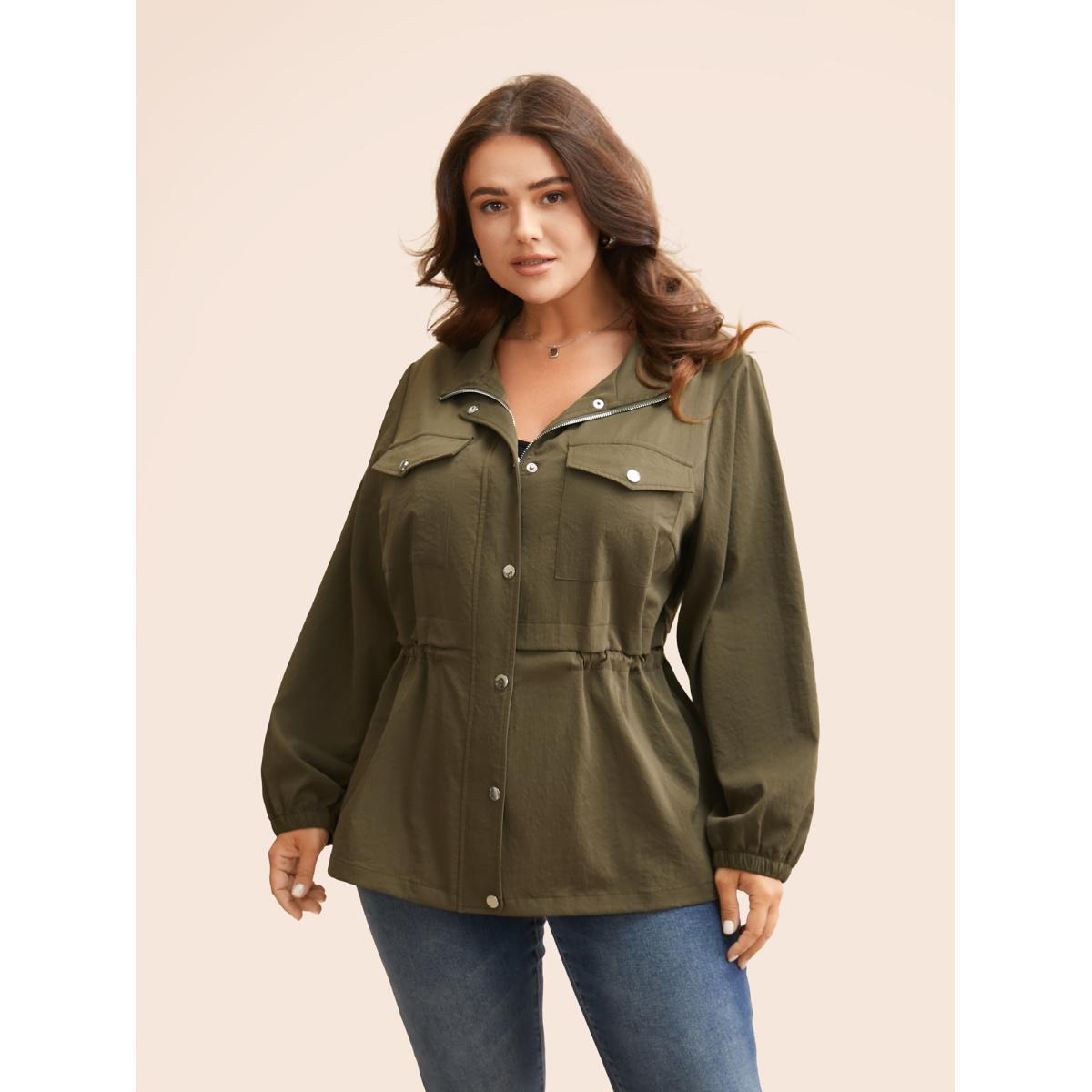 Plus Size Solid Flap Pocket Drawstring Jacket Women ArmyGreen Drawstring Side seam pocket Everyday Jackets BloomChic 14-16/1X Product Image