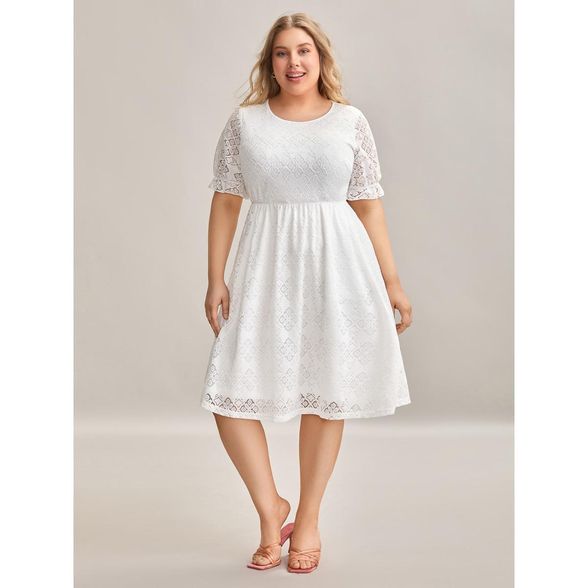Plus Size Textured Ruffled Sleeve Pockets Midi Dress Ivory Women Elegant Texture Round Neck Short sleeve Curvy BloomChic 18-20/2X Product Image