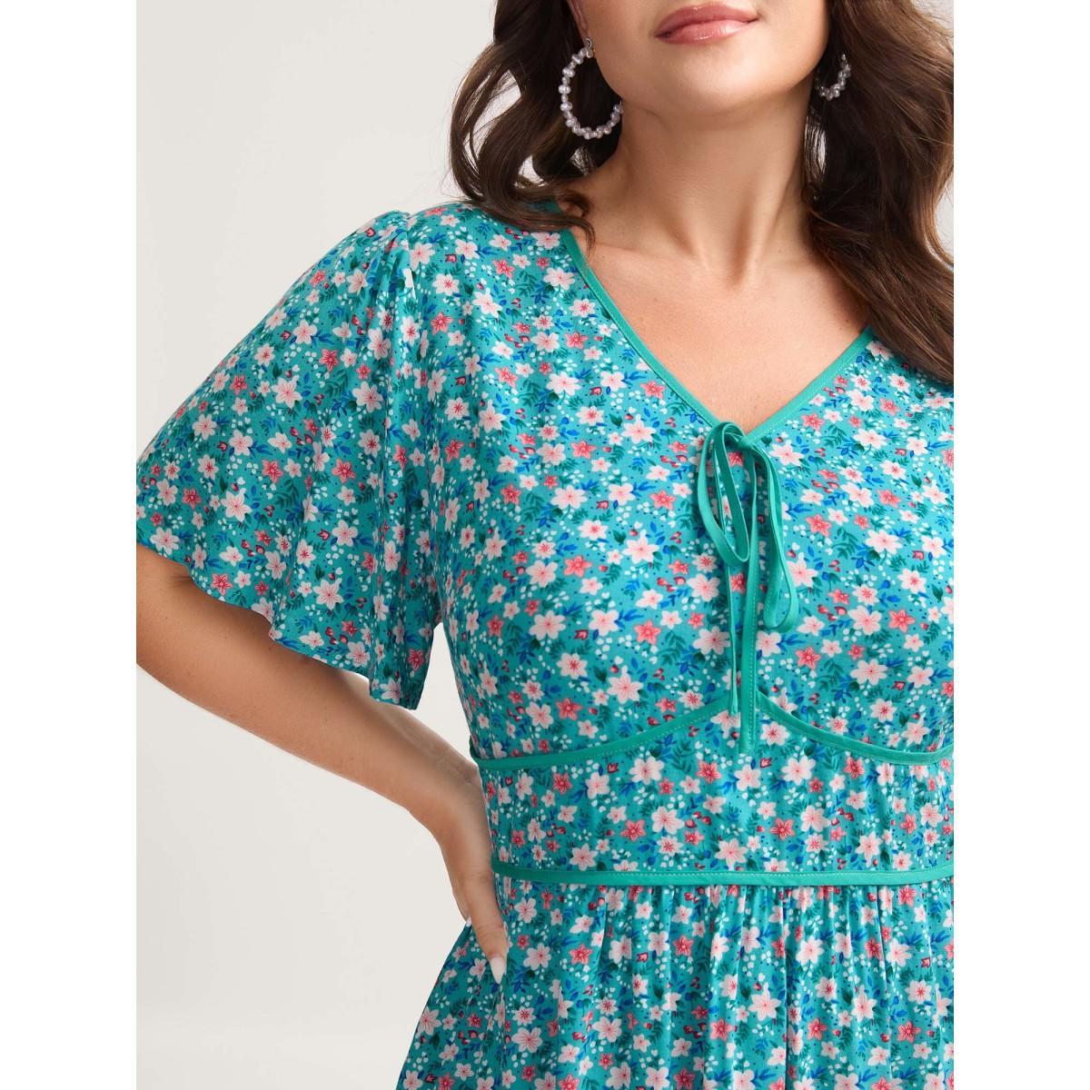 Plus Size Floral Contrast Cinched-Waist Tie Midi Dress Arctic Women V-neck Short sleeve Curvy BloomChic 26/4X Product Image