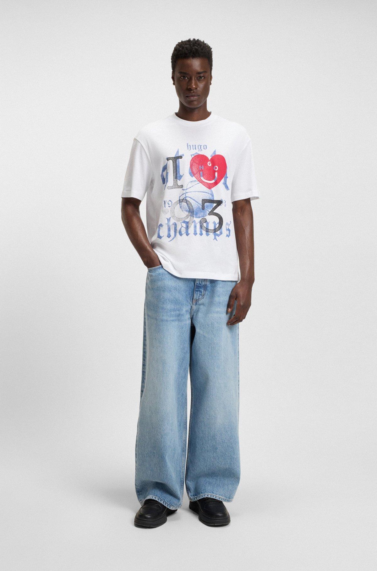 HUGO - Cotton-jersey T-shirt with Happy HUGO artwork - White Product Image