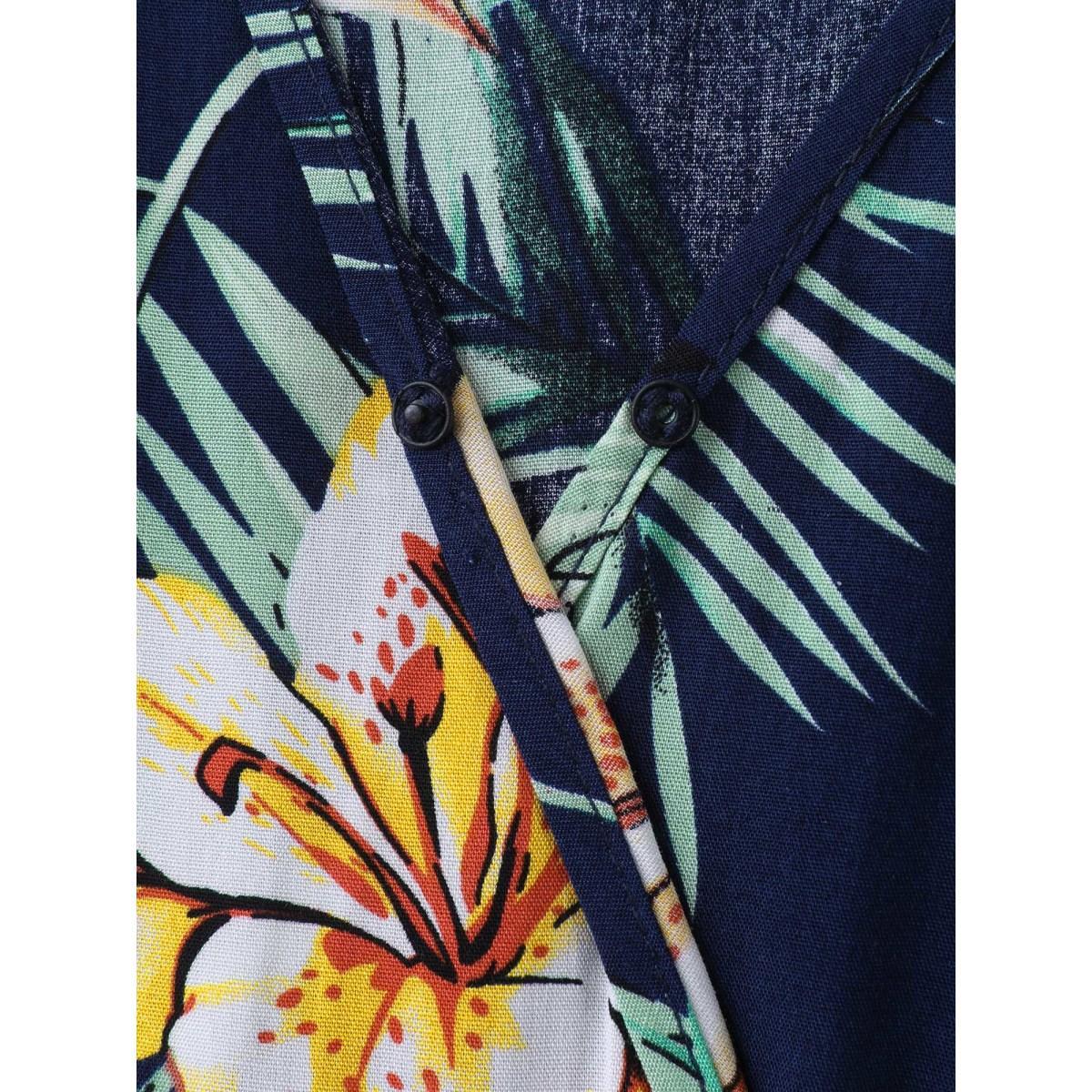 Plus Size Tropical Floral Print Shirred Waist Midi Dress DarkBlue Women Overlap Collar Short sleeve Curvy BloomChic 22-24/3X Product Image