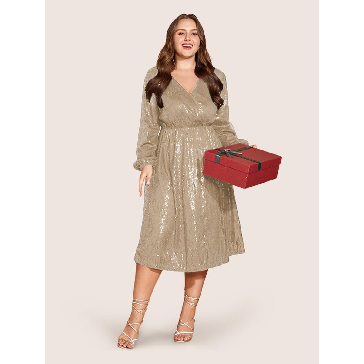 Plus Size Solid Pocket Lantern Sleeve Wrap Sequin Dress Champagne Women Party Pocket Overlap Collar Long Sleeve Curvy Midi Dress BloomChic 18-20/2X Product Image