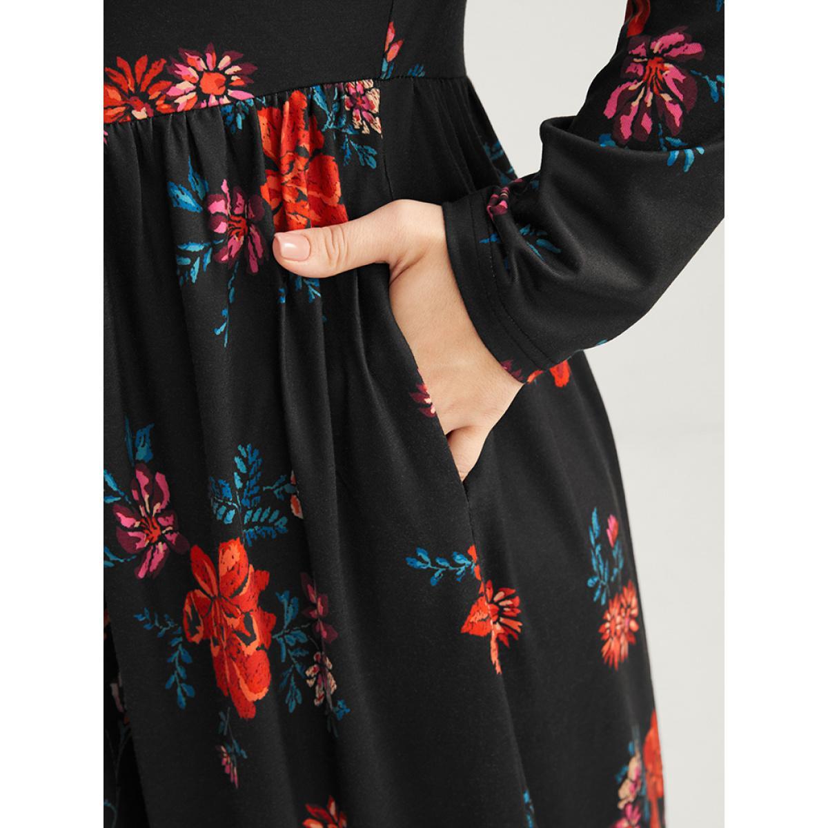 Plus Size Floral Print V Neck Pocket Flutter Hem Dress Without Belt Multicolor Women Elegant Pocket V-neck Long Sleeve Curvy Midi Dress BloomChic 30/6X Product Image