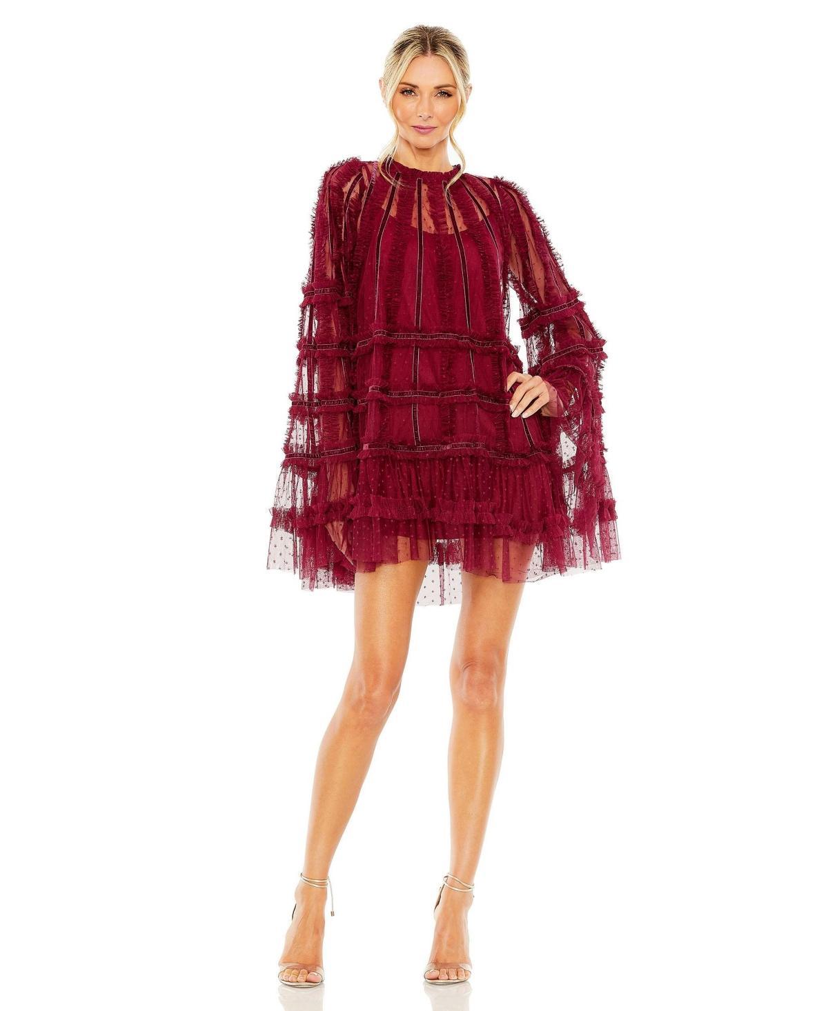 Mac Duggal Bell Sleeve High Neck Ruffled Trapeze Dress Product Image