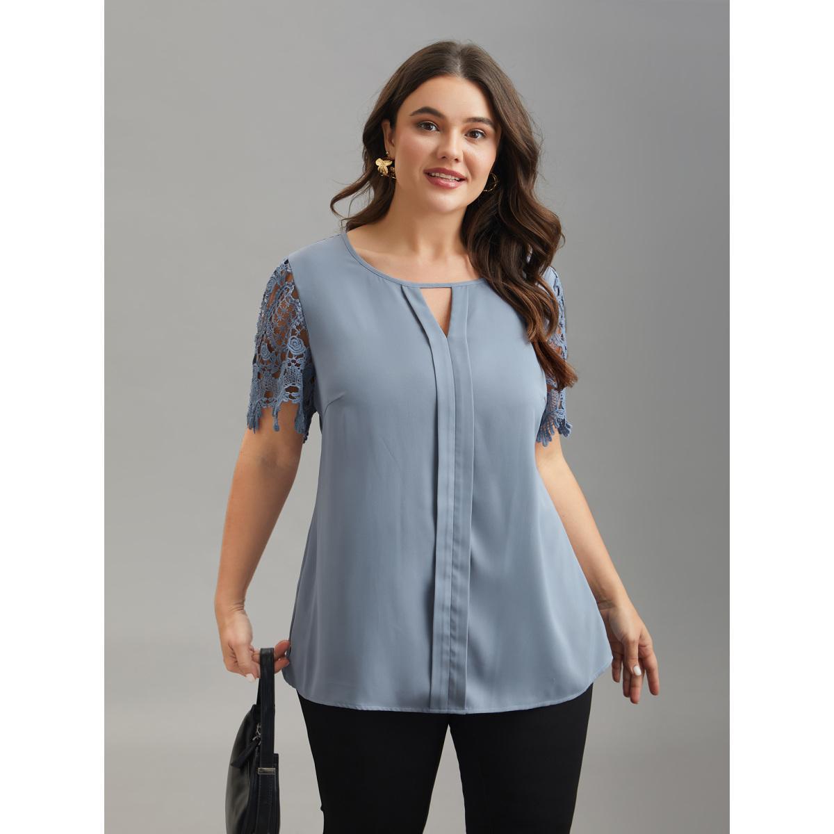 Plus Size Stone Lace Sleeve Neck Cut-Out Flared Shirt Women At the Office Short sleeve Notched collar Work Blouses BloomChic 14-16/1X Product Image