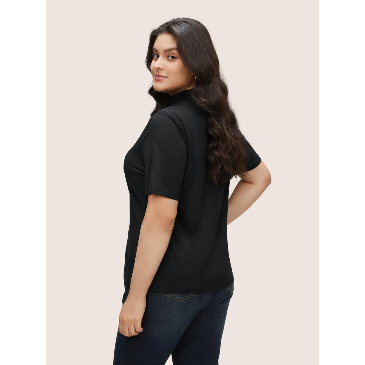 Plus Size Cotton Bodycon Mock Neck T-shirt Black Women Basics Non Plain Mock Neck Everyday T-shirts BloomChic 30/6X Product Image