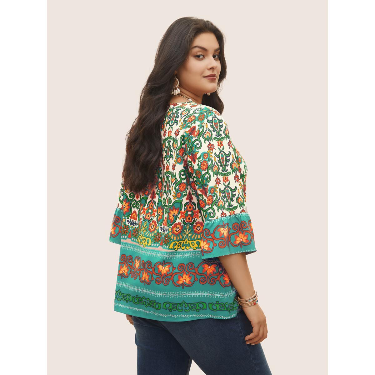 Plus Size Teal Boho Print Lace Up Bell Sleeve Blouse Women Resort Half Sleeve V-neck Vacation Blouses BloomChic 10/M Product Image
