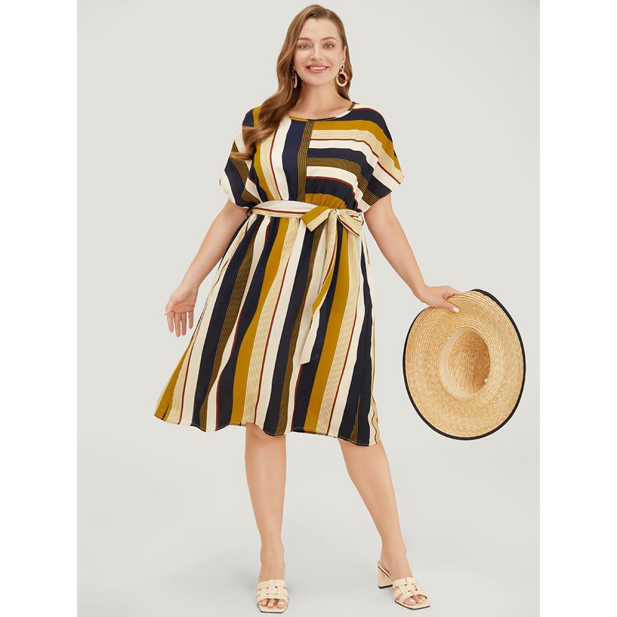 Plus Size Striped Patchwork Belted Ruffles Pocket Dolman Sleeve Dress Multicolor Women Vacation Contrast Round Neck Short sleeve Curvy Knee Dress BloomChic 18-20/2X Product Image