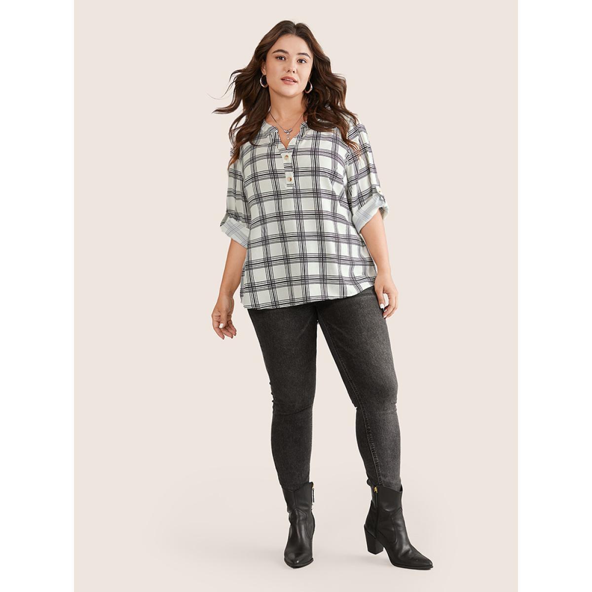 Plus Size Black Plaid Tab Sleeve Button Up Notched Blouse Women Office Long Sleeve Notched collar Work Blouses BloomChic 10/M Product Image
