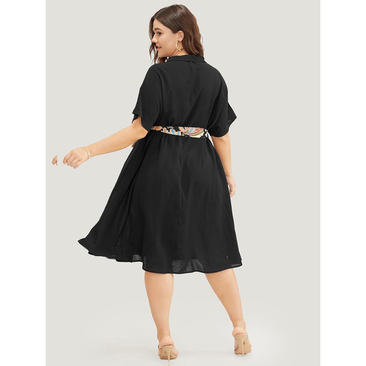 Plus Size Solid Dolman Sleeve Pocket Floral Belted Flutter Dress Black Women Office Cross straps V-neck Short sleeve Curvy Knee Dress BloomChic 30/6X Product Image