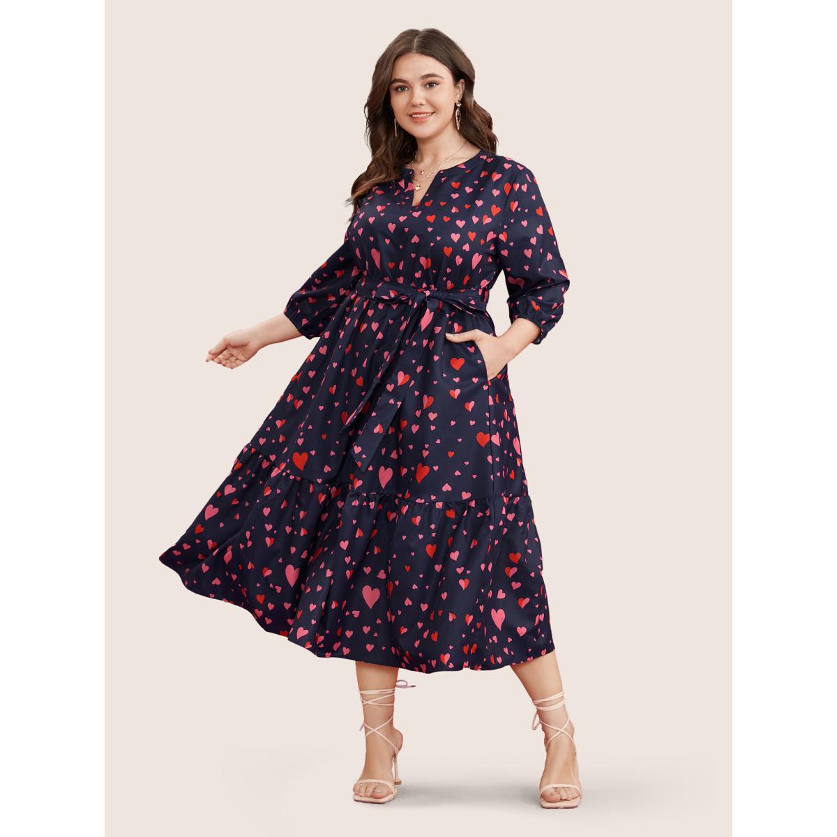 Plus Size Heart Print V Neck Pocket Belted Lantern Sleeve Ruffles Dress Navy Women Elegant Non V-neck Elbow-length sleeve Curvy Midi Dress BloomChic 26/4X Product Image
