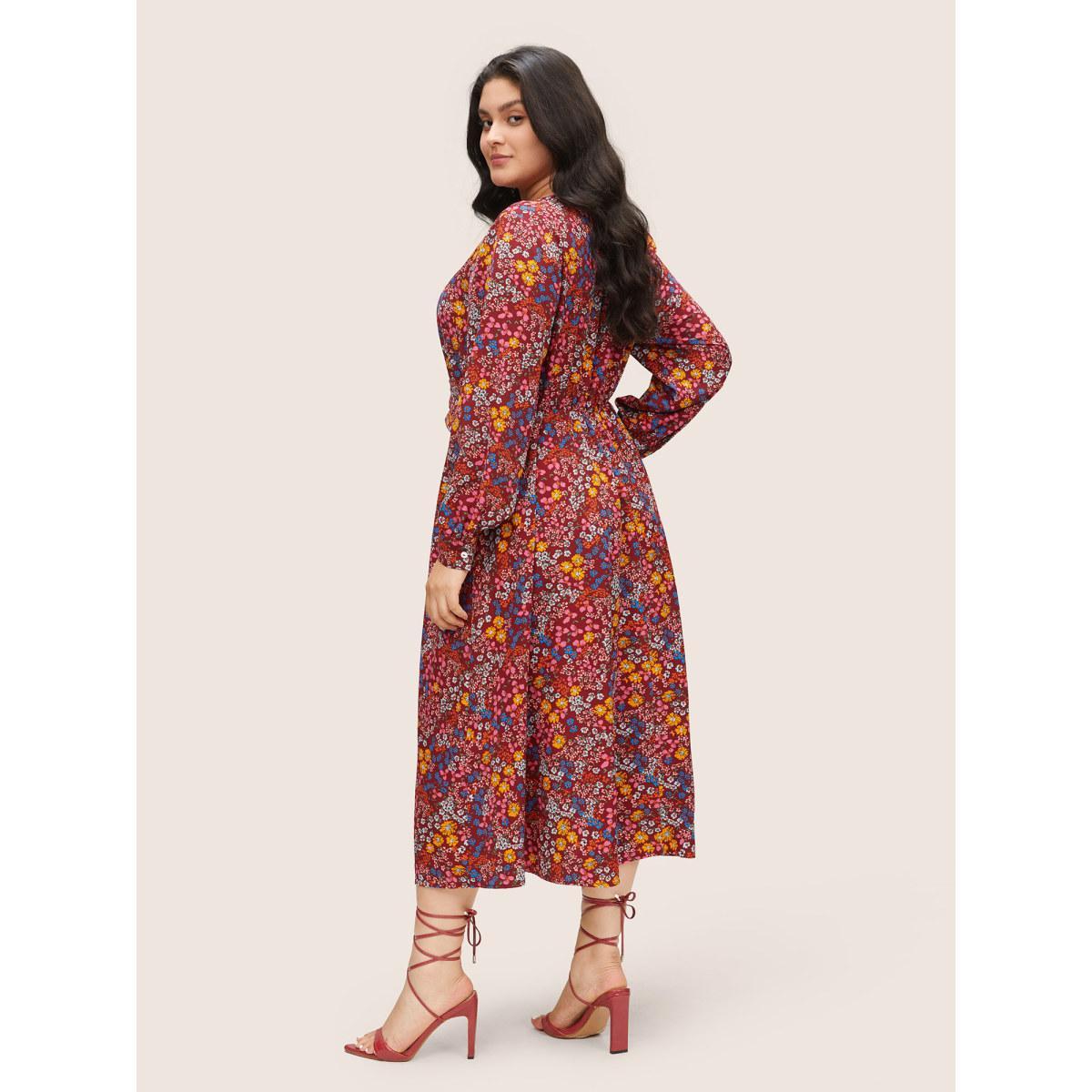 Plus Size Ditsy Floral Twist Front Lantern Sleeve Dress Maroon Women Elegant Non V-neck Long Sleeve Curvy Midi Dress BloomChic 14-16/1X Product Image