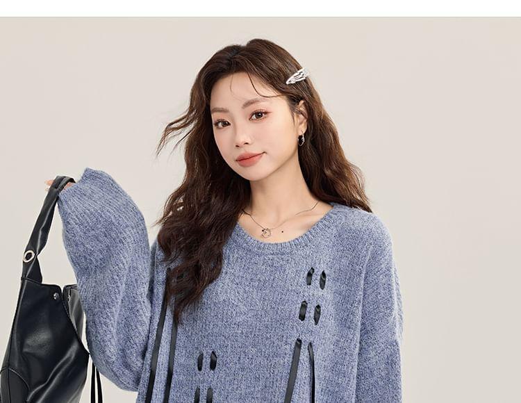 Crewneck Lace-Up Plain Sweater Product Image