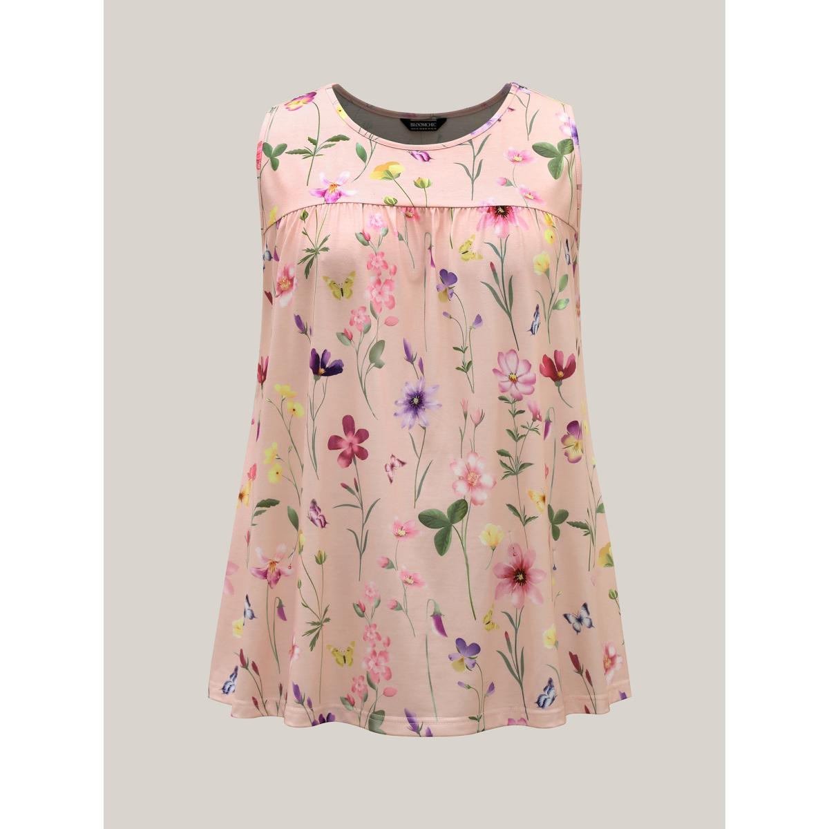 Plus Size Floral Print Flowy Pleated Tank Top Women Multicolor Gathered Round Neck Everyday-Casual Tank Tops Camis BloomChic 28/5X Product Image