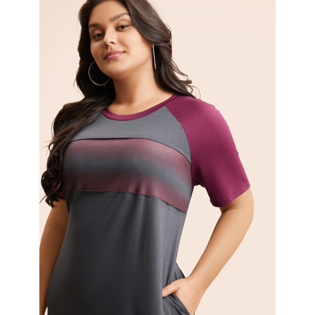 Plus Size Ombre Contrast Patchwork Split Hem Dress DimGray Women Casual Contrast Round Neck Short sleeve Curvy BloomChic 12/L Product Image