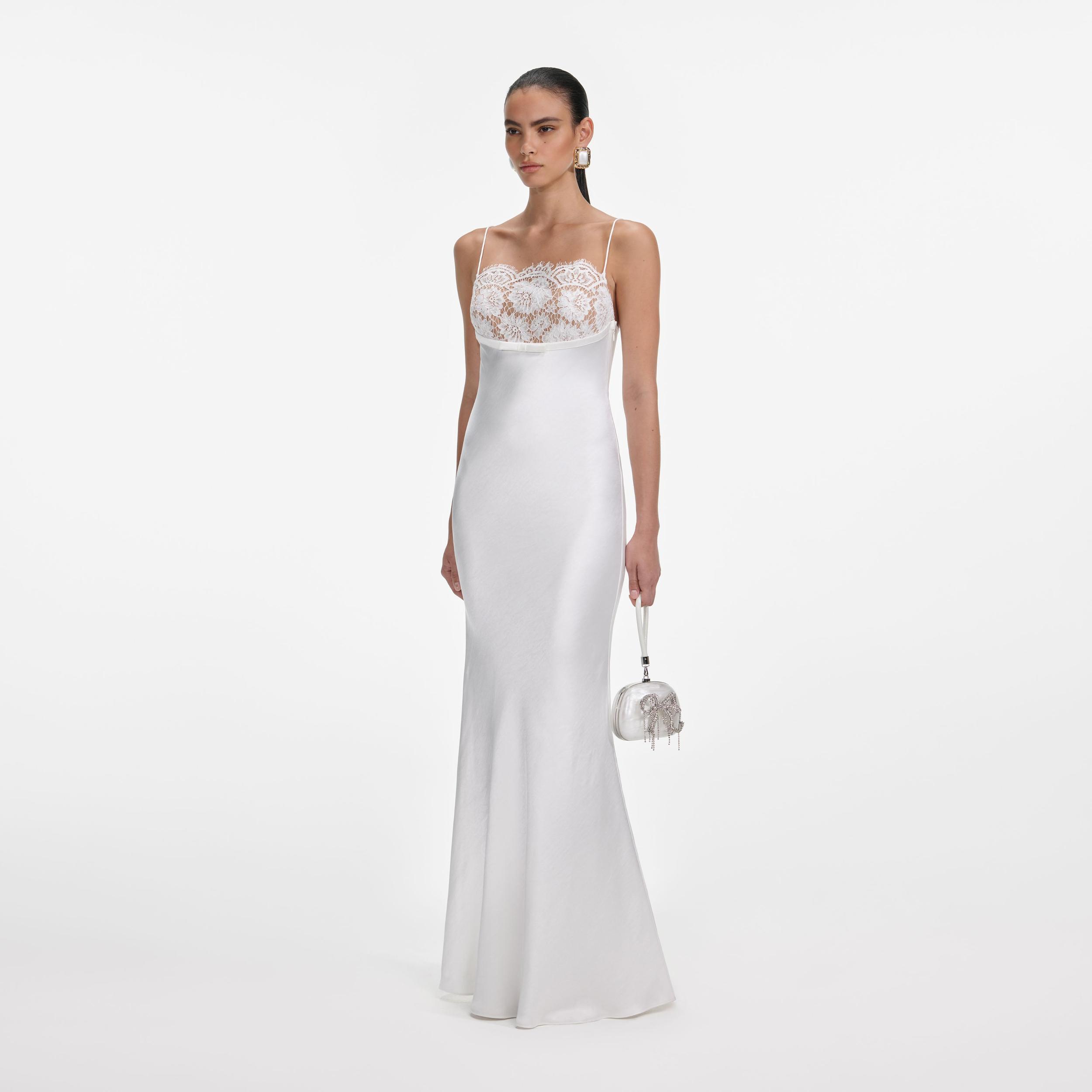 White Satin Lace Maxi Dress Product Image