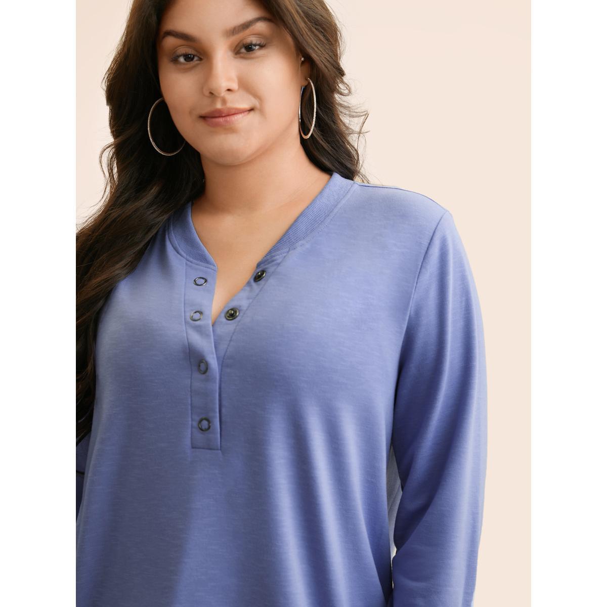 Plus Size Plain Notched Collar Button Up Sweatshirt Women Bluepurple Casual Patchwork Notched collar Everyday Sweatshirts BloomChic 28/5X Product Image