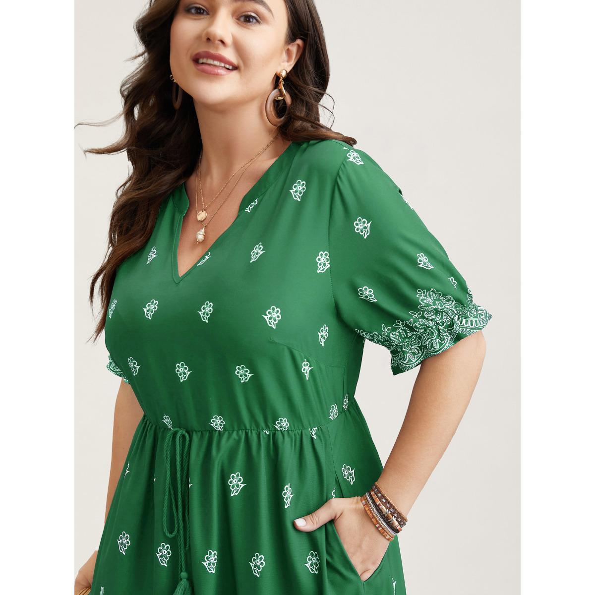 Plus Size Floral Waist-Tie Notched Collar Midi Dress Emerald Women Resort Ruffles Notched collar Half Sleeve Curvy BloomChic 28/5X Product Image