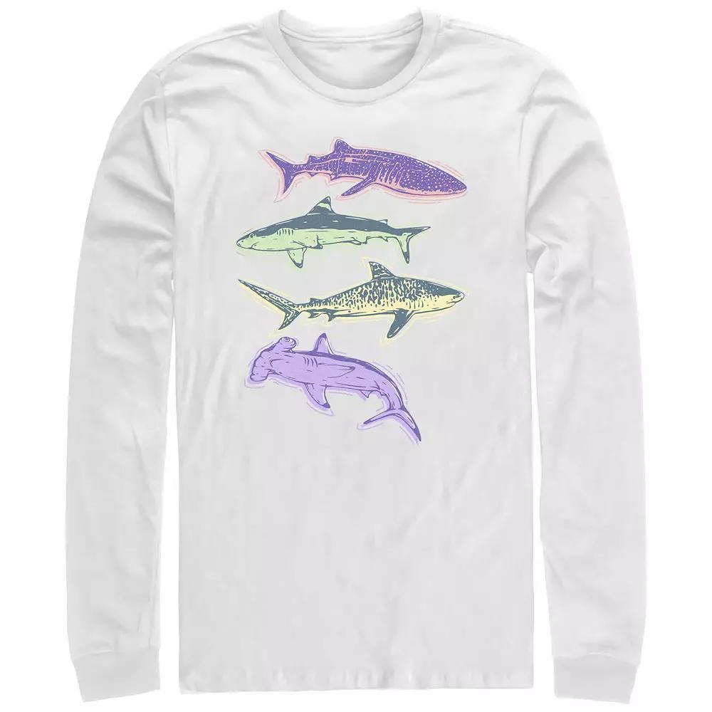 Men's Colorful Sharks Long Sleeve Graphic Tee, Size: Small, White Product Image