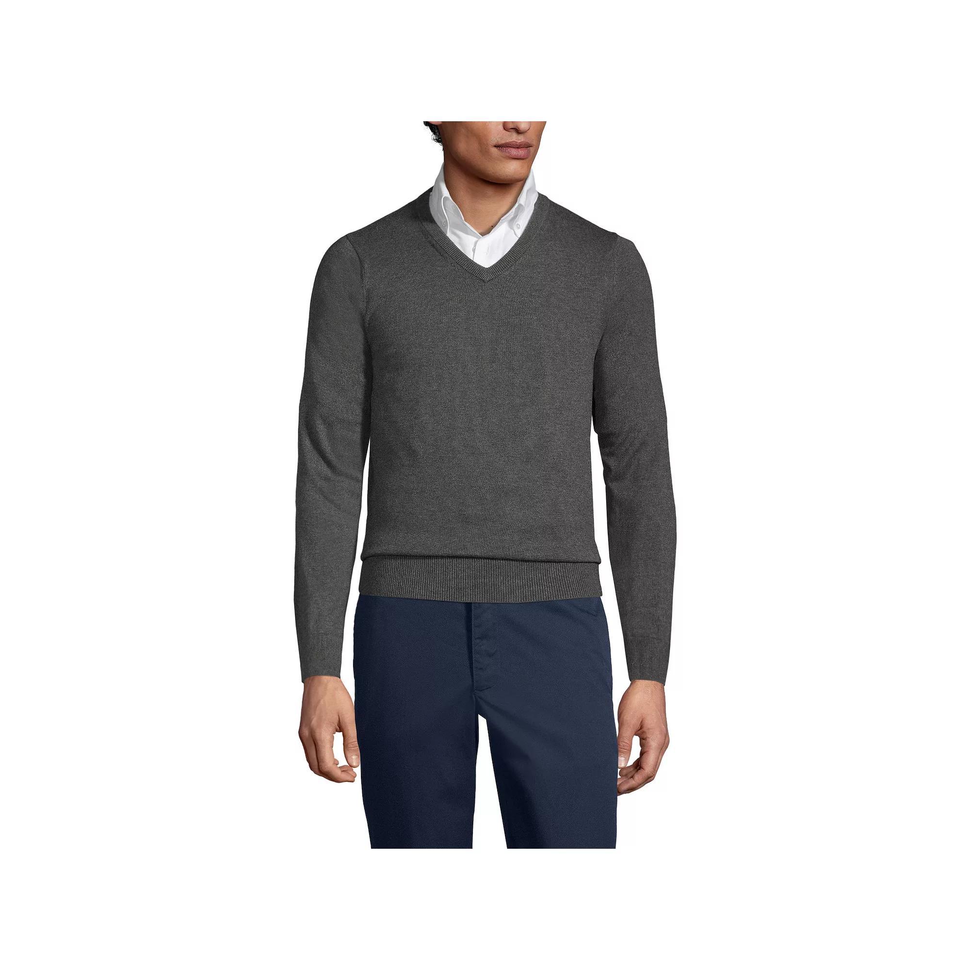 Men's Lands' End School Uniform Fine Gauge V-neck Sweater, Size: Small, Coal Grey Product Image