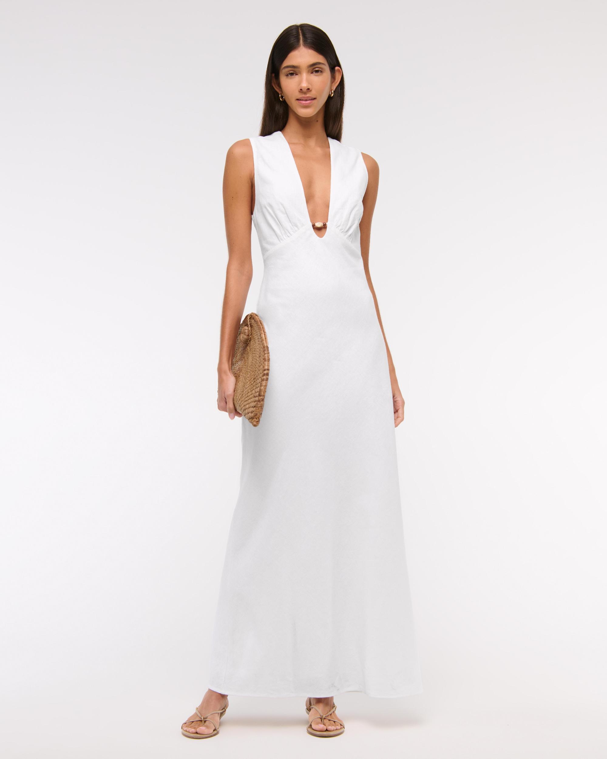 Beaded Plunge Linen-Blend Maxi Dress Product Image