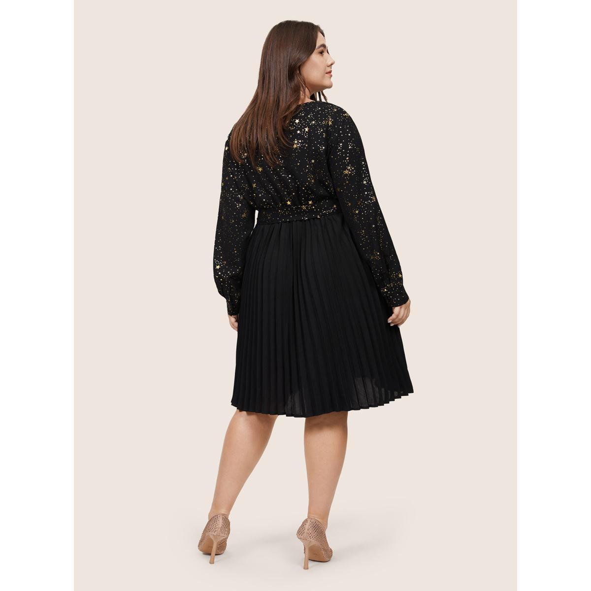 Plus Size Star Glitter Belted Pleated Wrap Dress Black Women Cocktail Belted V-neck Long Sleeve Curvy Midi Dress BloomChic 18-20/2X Product Image