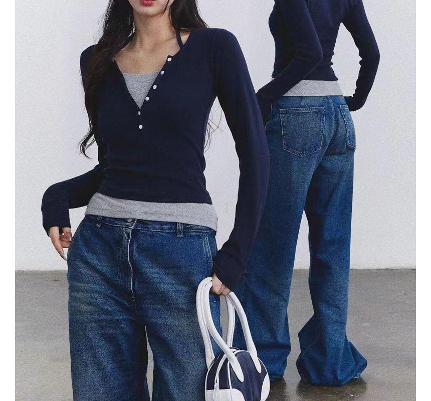 Mock Two-Piece Long-Sleeve Halter Slim Fit Tee Product Image