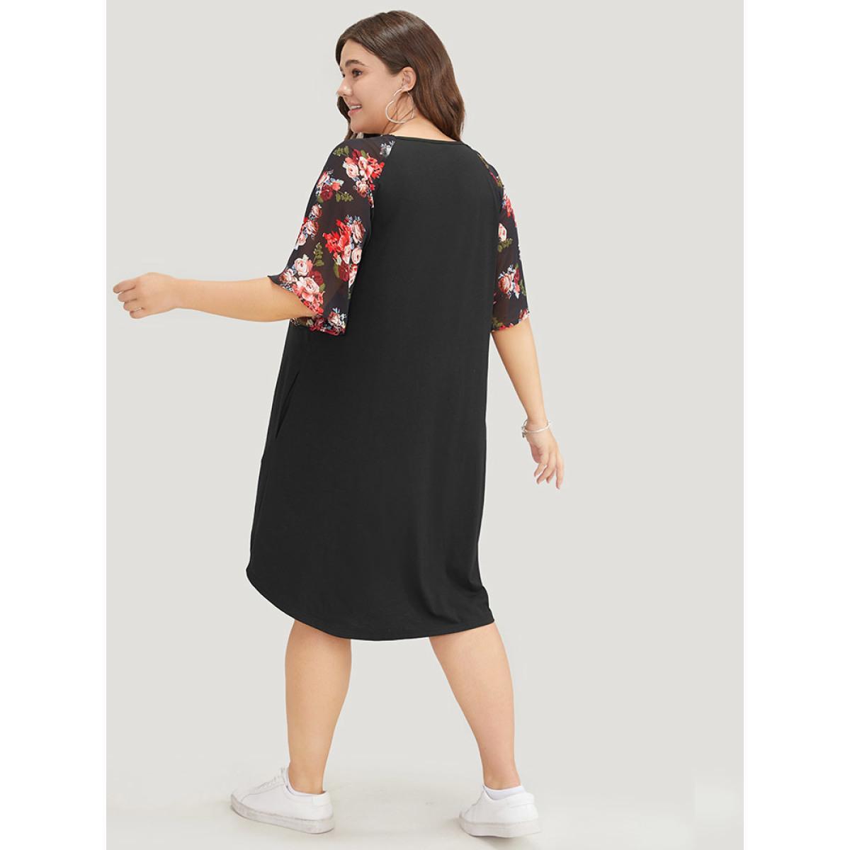Plus Size Floral Raglan Sleeve Lace Trim Pocket Arc Hem Dress Black Women Casual Non V-neck Short sleeve Curvy Midi Dress BloomChic 10/M Product Image