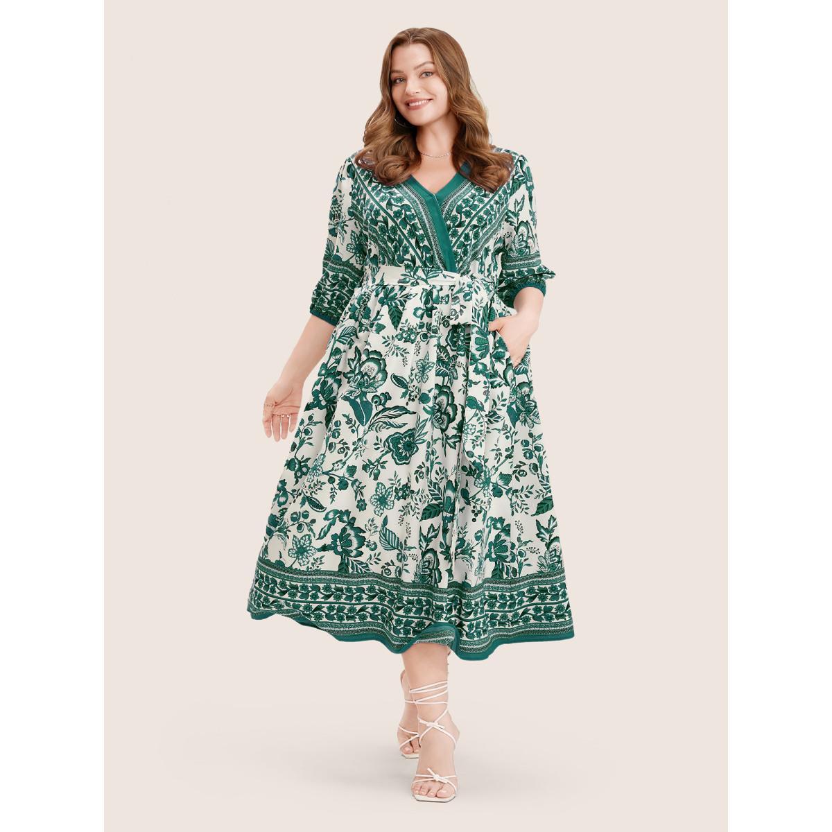 Plus Size Bandana Print Surplice Neck Lantern Sleeve Pocket Belted Midi Dress Green Women Resort Non V-neck Half Sleeve Curvy Midi Dress BloomChic 10/M Product Image