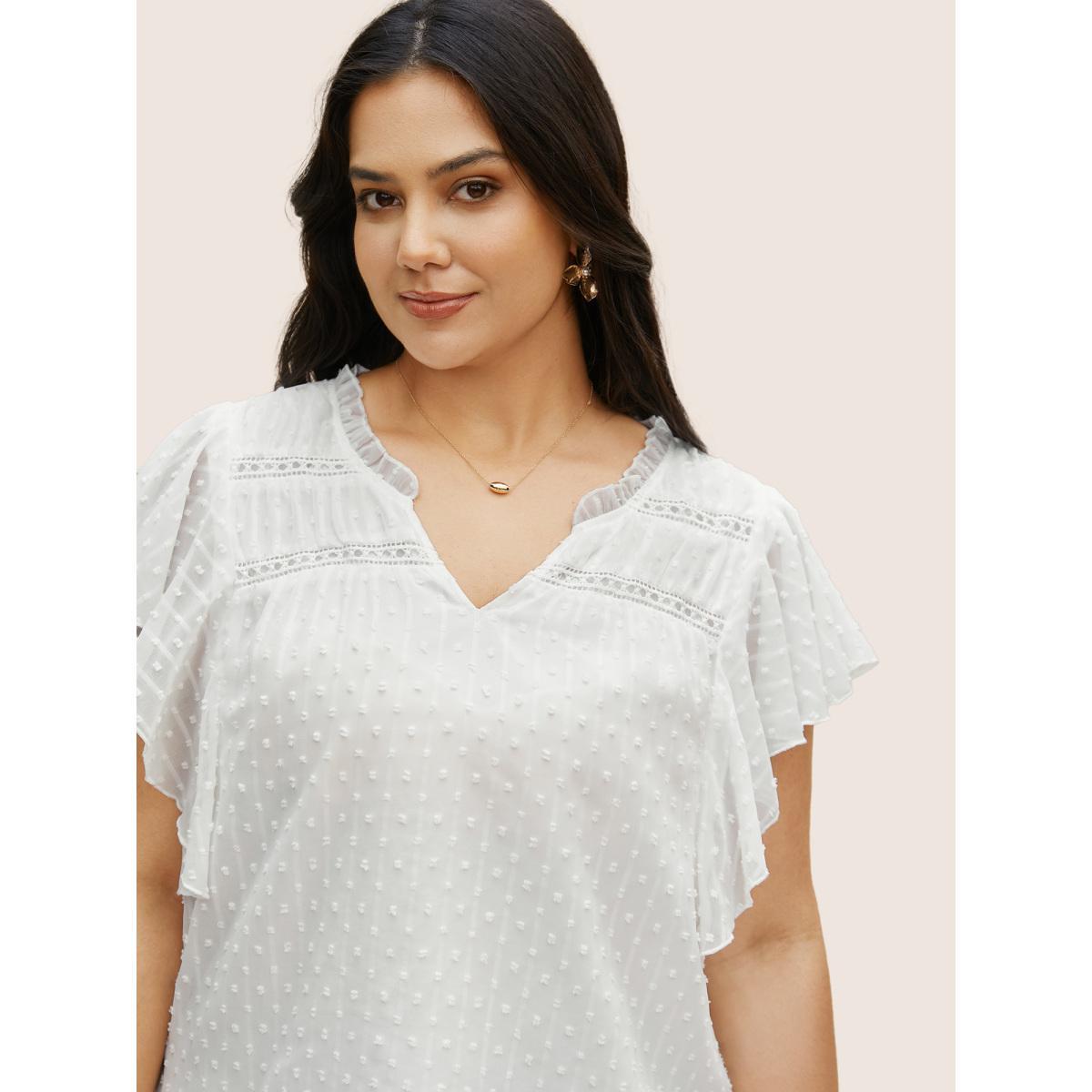 Plus Size Ivory Plain Textured Chiffon Ruffle Cap Sleeve Blouse Women Elegant Cap Sleeve V-neck Everyday Blouses BloomChic 28/5X Product Image