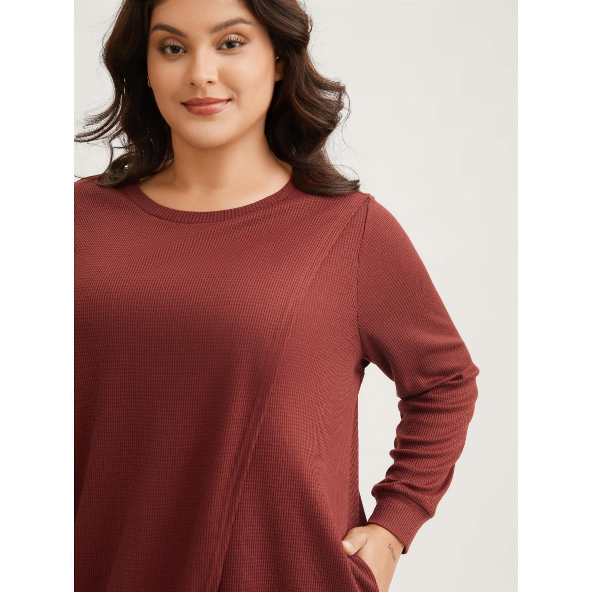 Plus Size Solid Waffle Knit Overlap Hem T-shirt Rust Women Casual Overlapping Round Neck Everyday T-shirts BloomChic 28/5X Product Image