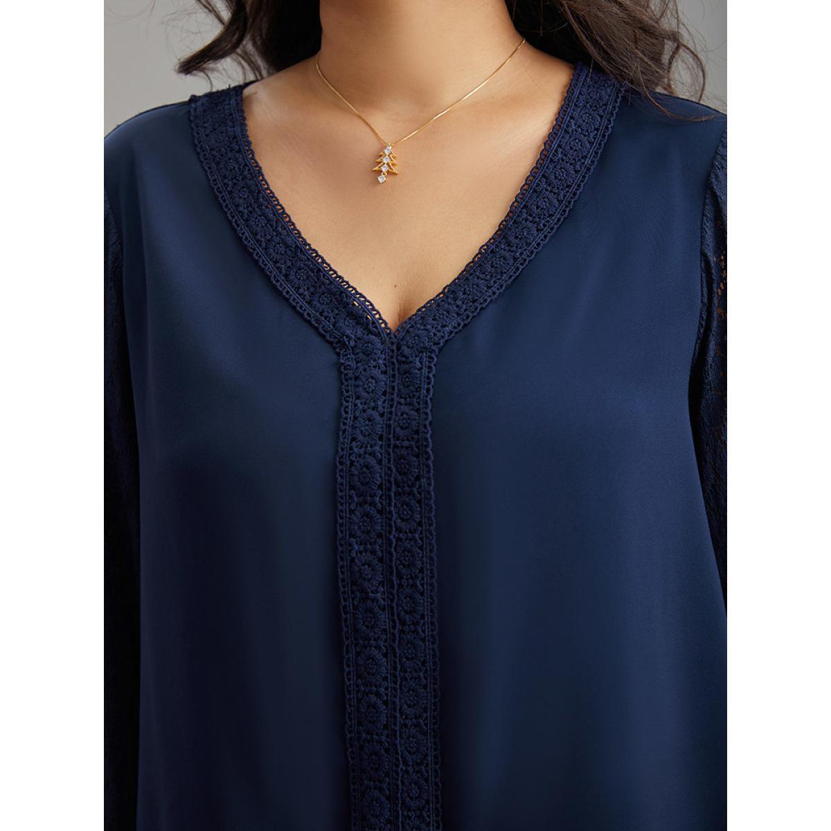 Plus Size Indigo V Neck Guipure Lace Lantern Sleeve Blouse Women Office Long Sleeve V-neck Work Blouses BloomChic 30/6X Product Image