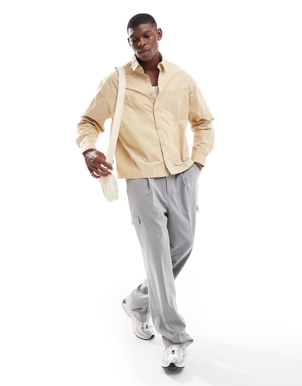 ASOS DESIGN boxy overshirt with square pocket in stone Product Image
