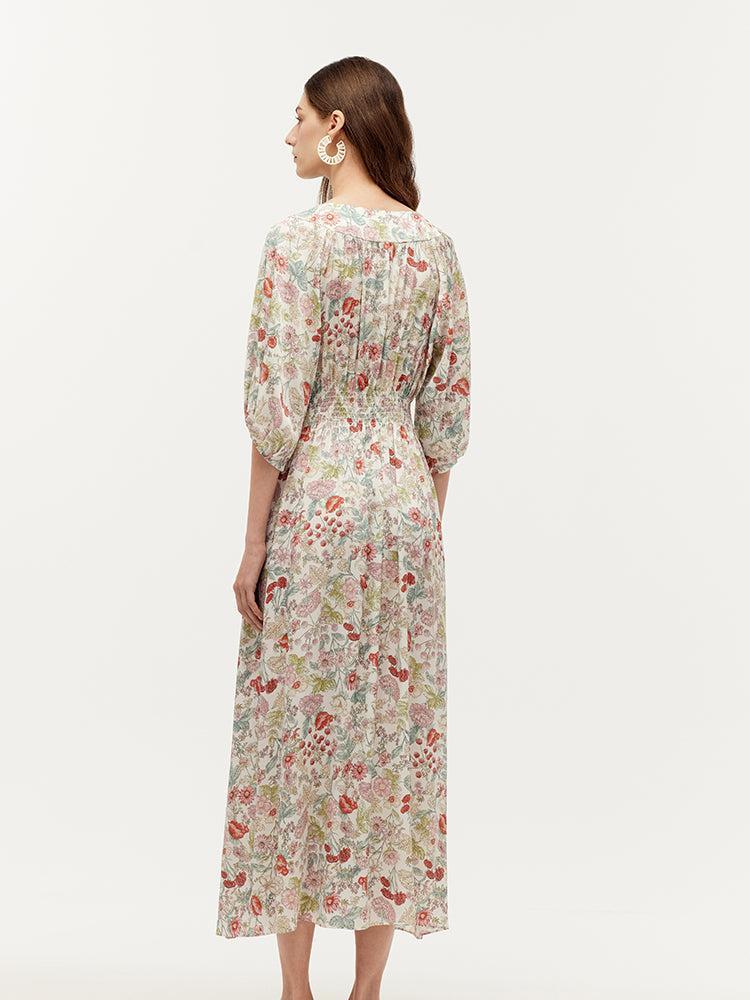 19 Momme Mulberry Silk Floral Print Ruched Waist Women Maxi Dress Product Image