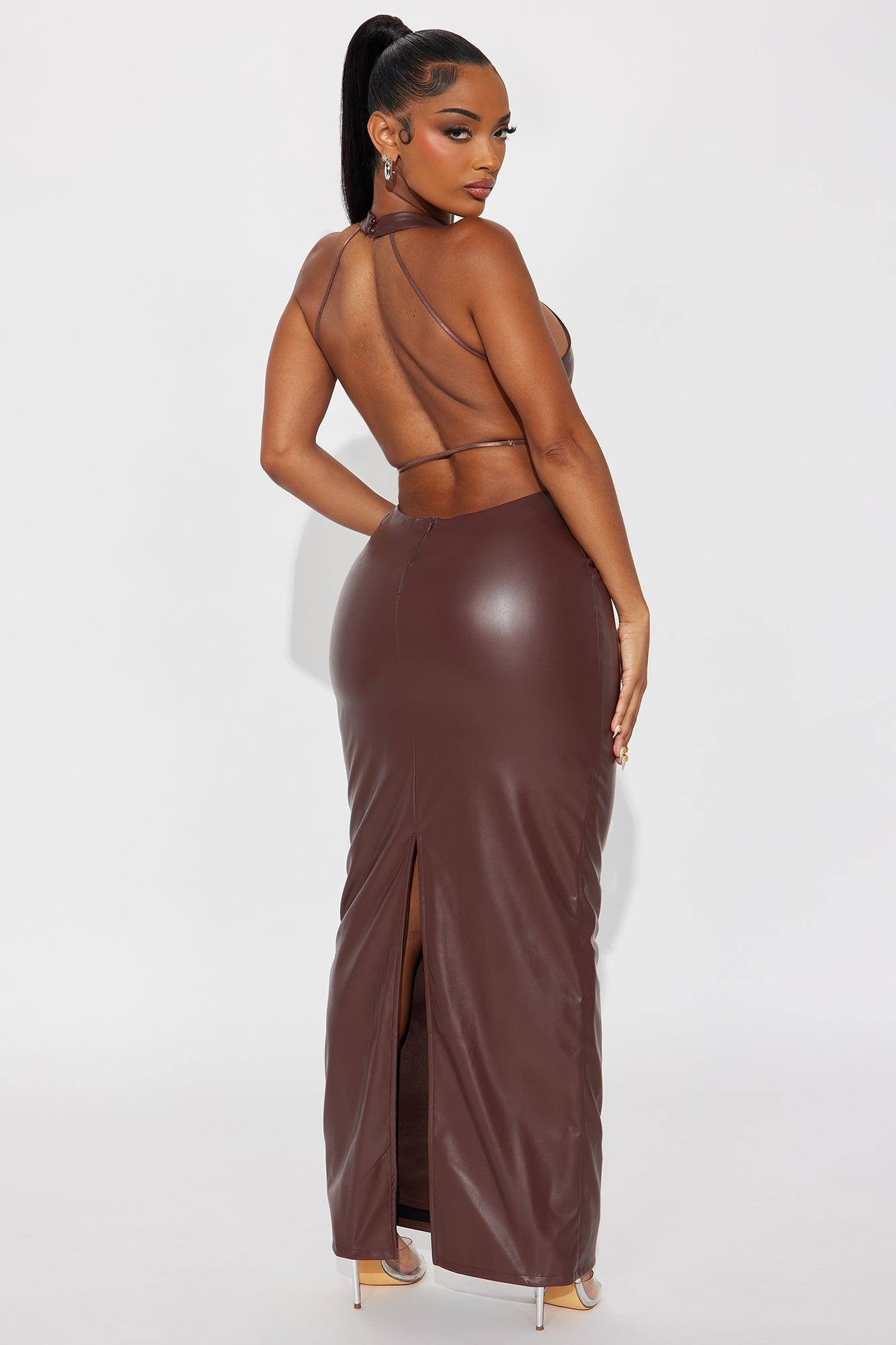 Nicole Backless Faux Leather Maxi Dress - Brown Product Image