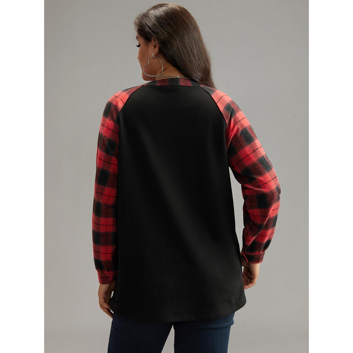 Plus Size Plaid Patchwork Notched Button Detail Sweatshirt Women Red Casual Patchwork Notched collar Everyday Sweatshirts BloomChic 22-24/3X Product Image