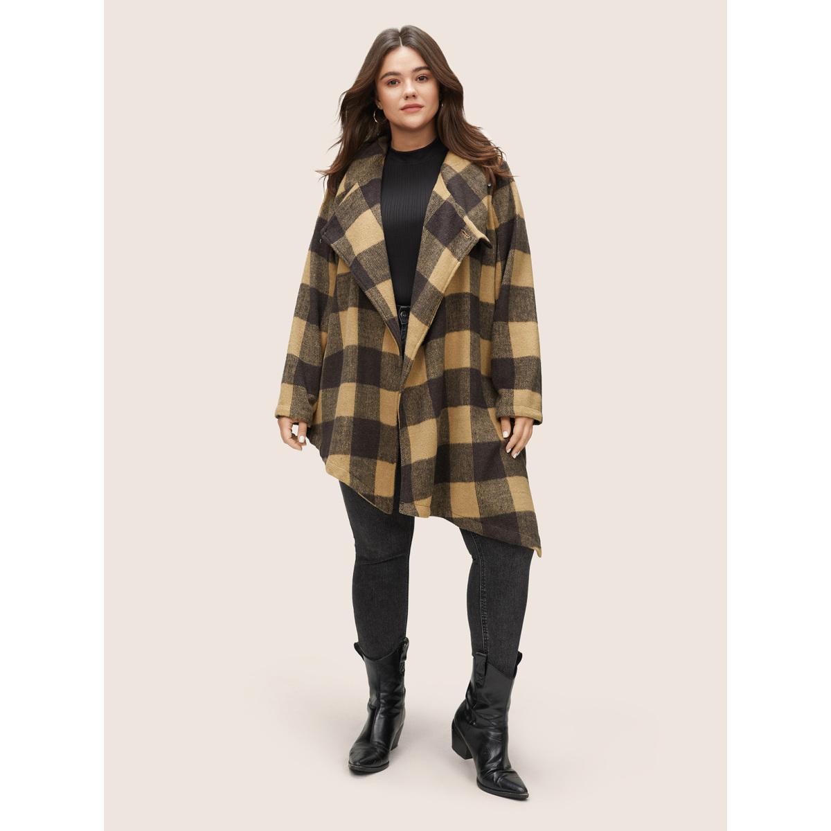 Plus Size Plaid Buckle Detail Asymmetrical Hem Coat Women DarkBrown Casual Contrast Ladies Dailywear Winter Coats BloomChic 30/6X Product Image