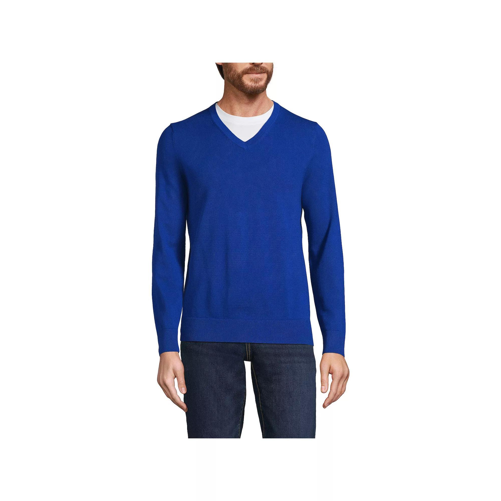 Men's Lands' End Fine Gauge Cotton V-Neck Sweater, Size: Small, Radiant Blue Product Image