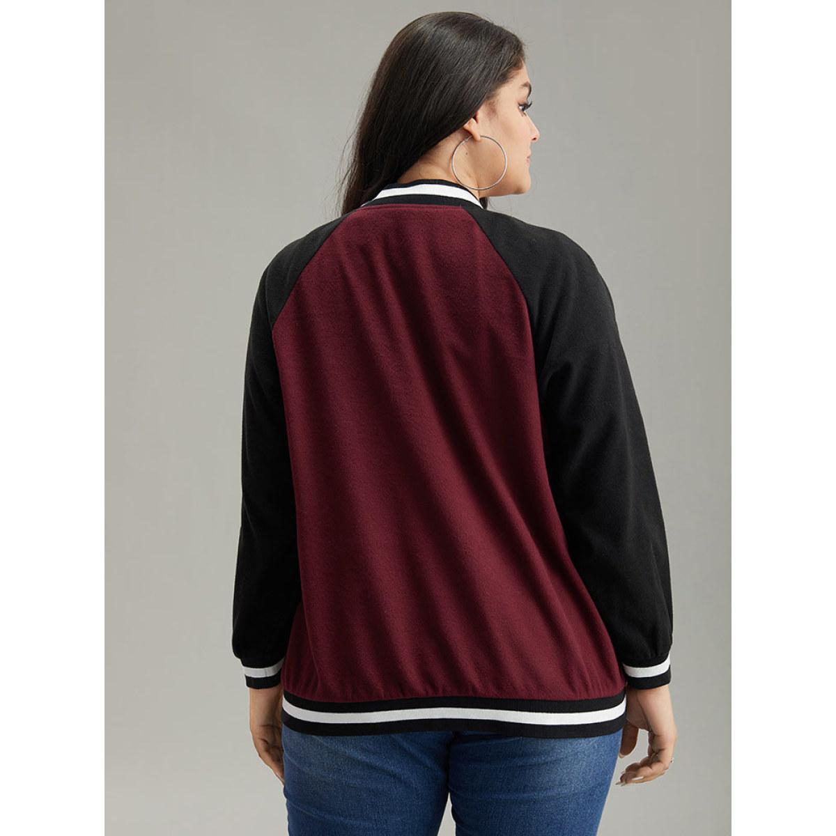 Plus Size Contrast Trim Pocket Button Fly Bomber Jacket Women Burgundy Contrast Pocket Dailywear Jackets BloomChic 10/M Product Image