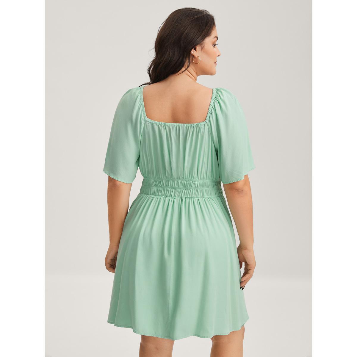 Plus Size Rayon Stretchy Waist Pockets Knee Dress Greenbean Women Square Neck Short sleeve Curvy BloomChic 14-16/1X Product Image