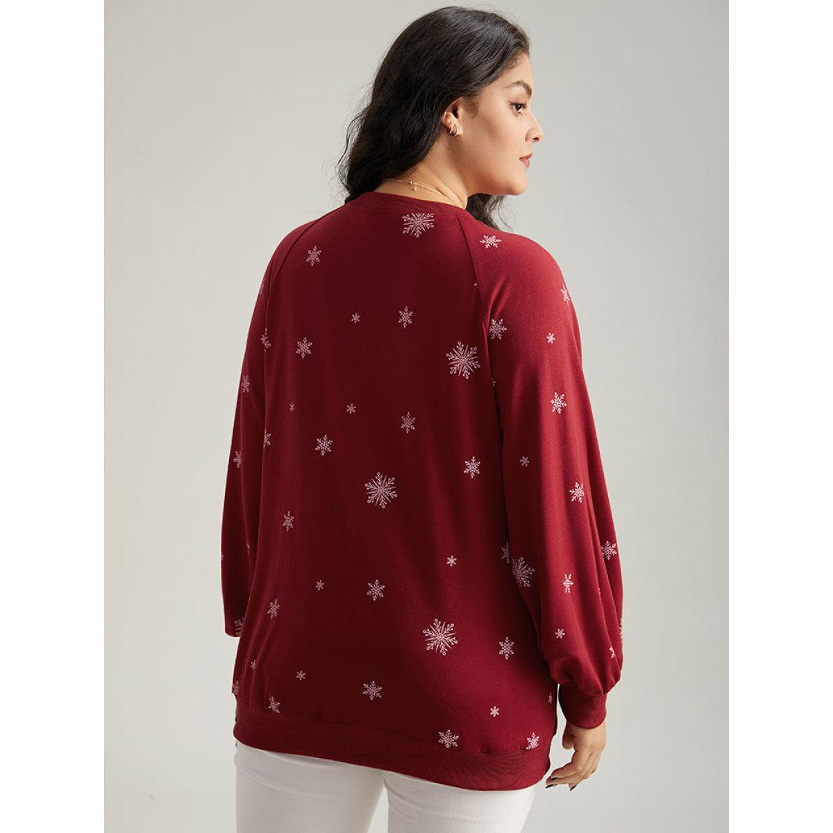 Plus Size Snowflake Print Raglan Sleeve Sweatshirt Women Red Casual Elastic cuffs Round Neck Festival-Christmas Sweatshirts BloomChic 18-20/2X Product Image