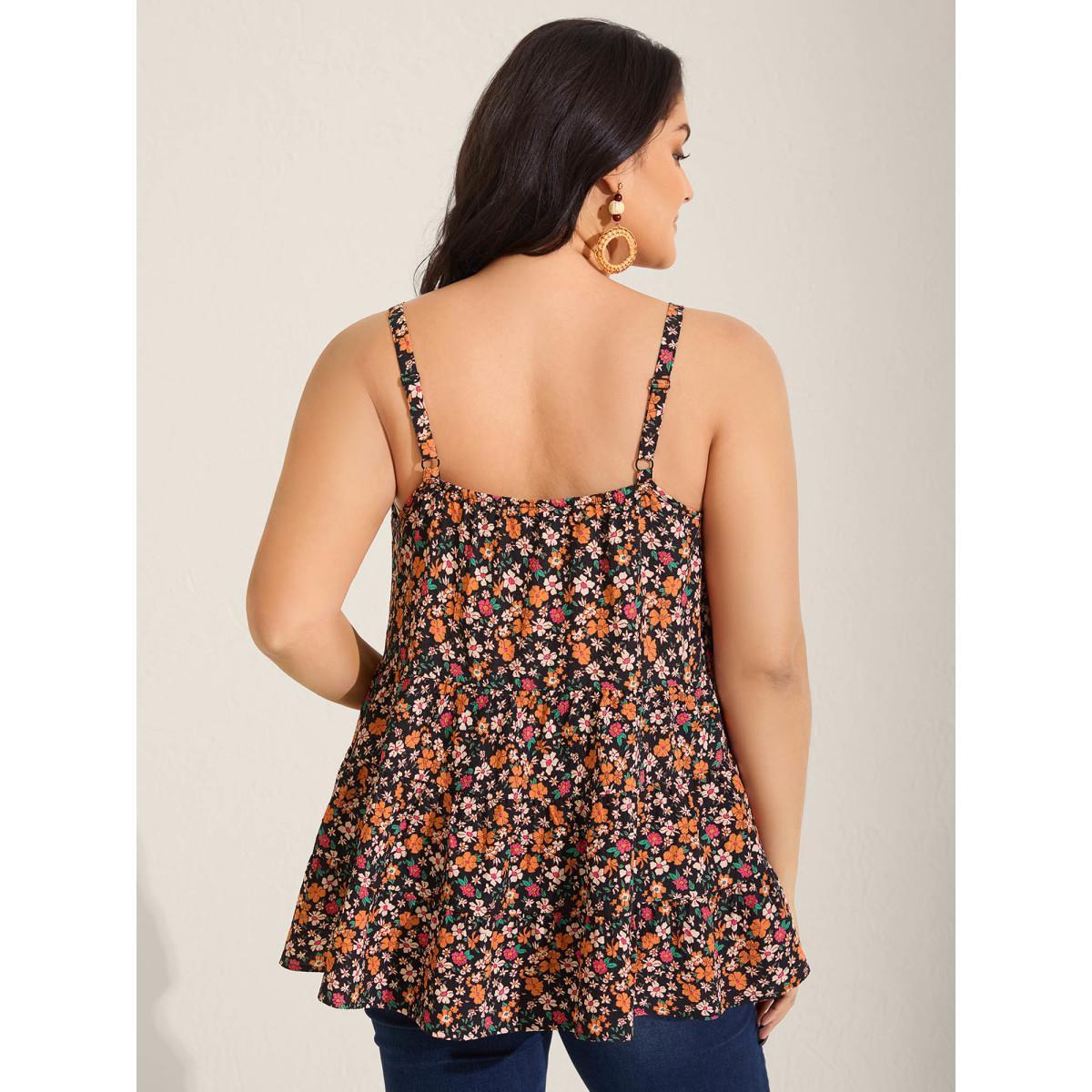 Plus Size Ditsy Floral Print Cami Tiered Tank Top Women BlackFlower Tie knot Non Vacation Tank Tops Camis BloomChic 22-24/3X Product Image