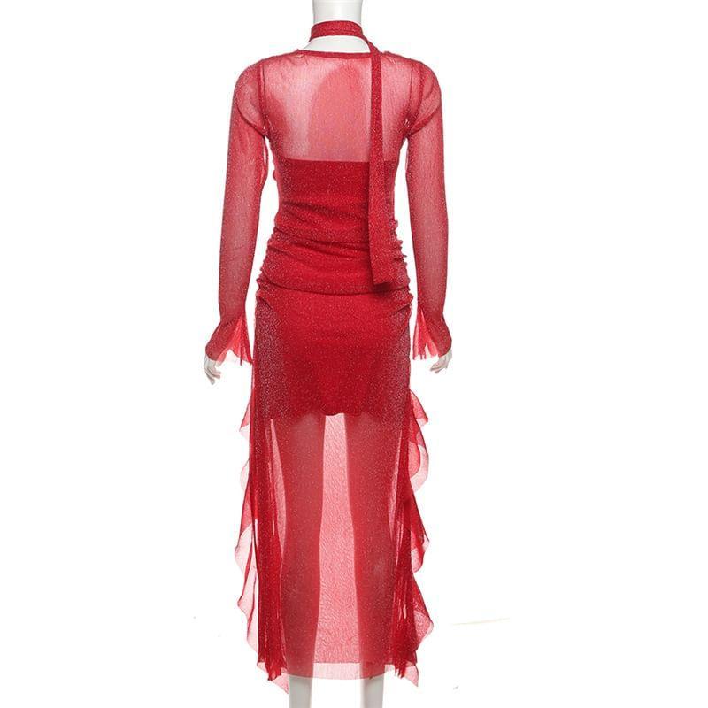 Long Sleeve Cowl Neck Ruffle Trim Glitter Midi Bodycon Dress Product Image