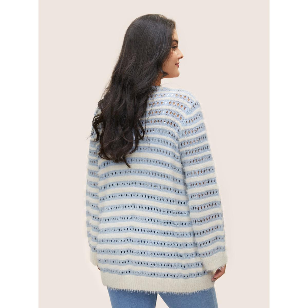 Plus Size Striped Contrast Ties Front Eyelet Cardigan LightBlue Women Casual Long Sleeve Everyday Cardigans BloomChic 22-24/3X Product Image
