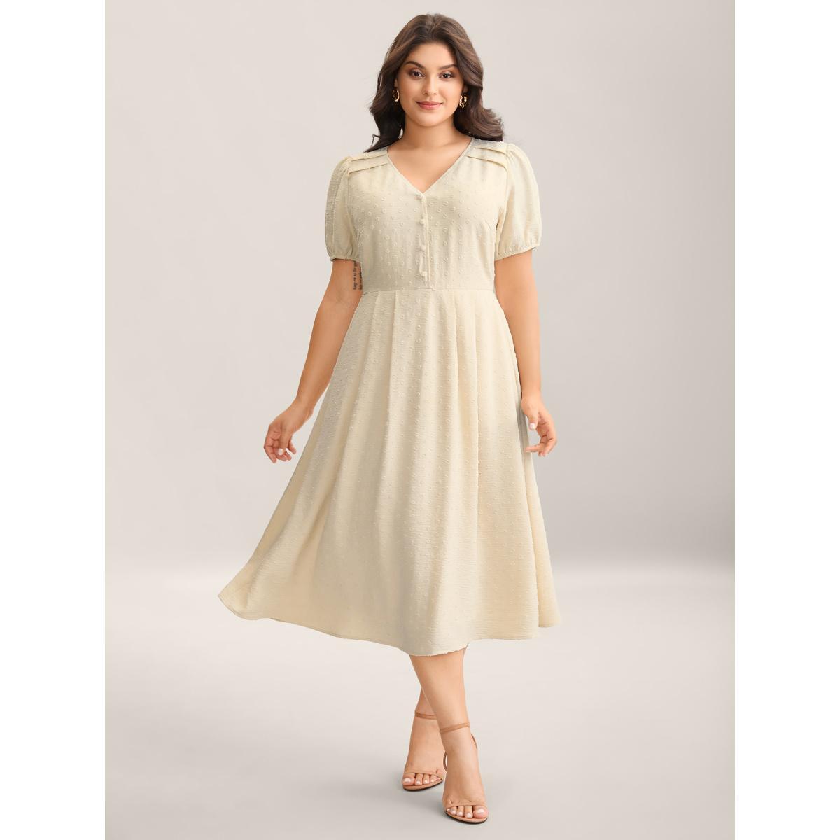 Plus Size Shoulder Pleats Textured Button Maxi Dress Apricot Women V-neck Short sleeve Curvy BloomChic 12/L Product Image