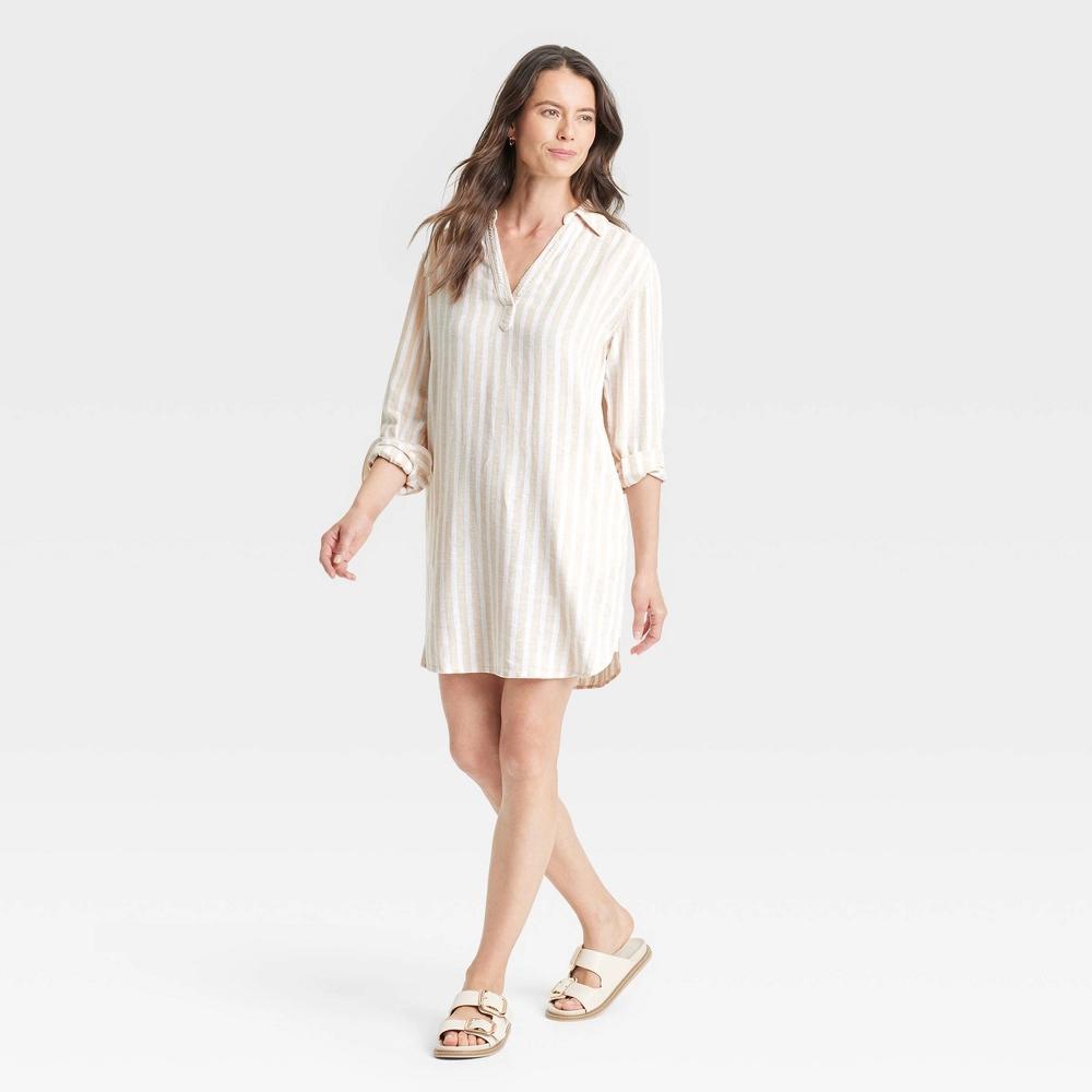 Womens Long Sleeve Popover Mini Shirtdress - Universal Thread Tan Striped XS: Linen Rayon Blend, Pullover Style Product Image