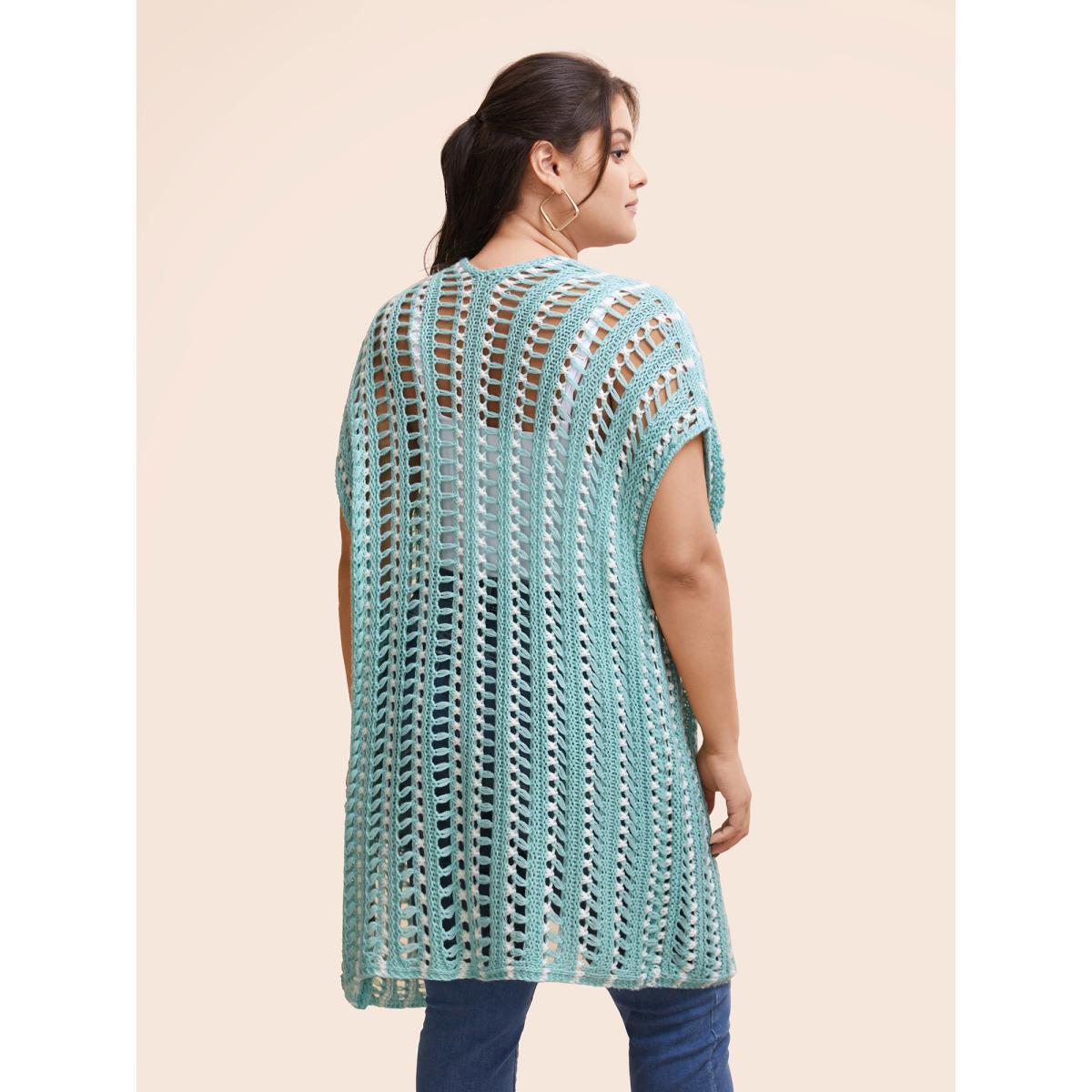 Plus Size Kimono Collar Cut Out Drop Shoulder Cardigan Turquoise Women Casual Loose Short sleeve Everyday Cardigans BloomChic 12/L Product Image